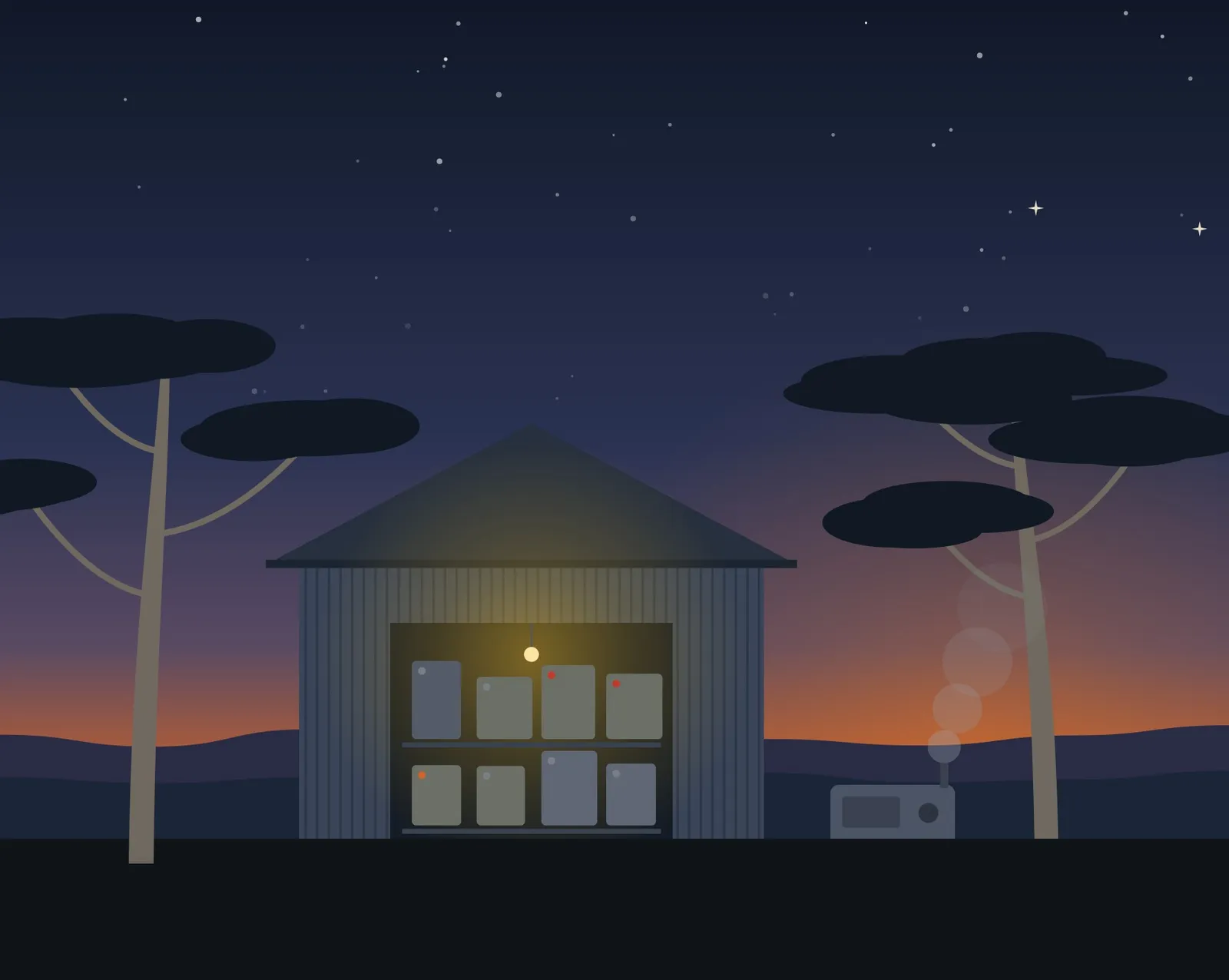 Illustration from the guide: a shed full of batteries at dusk, with a generator running beside it