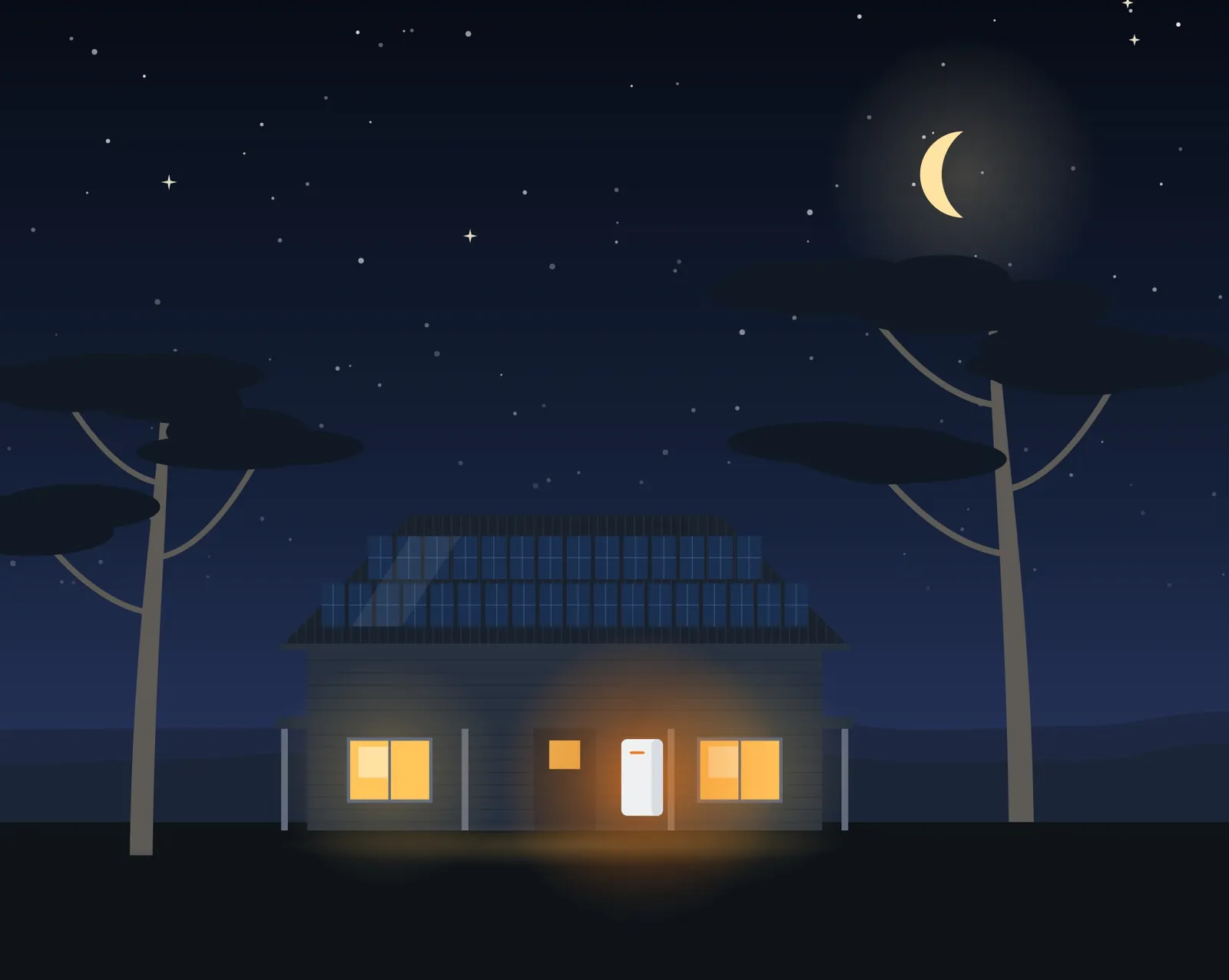 Illustration of a home with rooftop solar, lit up at night by its battery