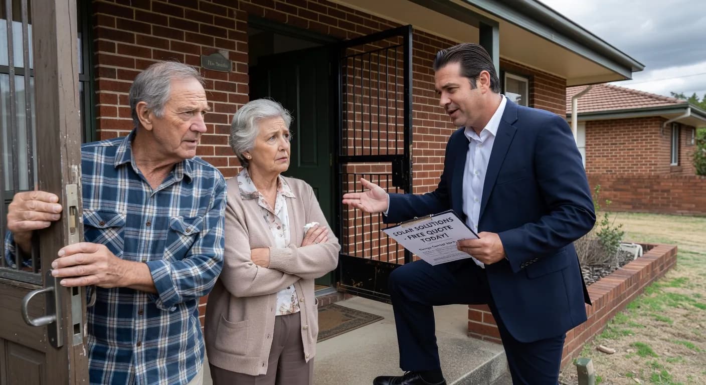 A solar salesperson door-knocking at an Australian home while the homeowner checks the quote
