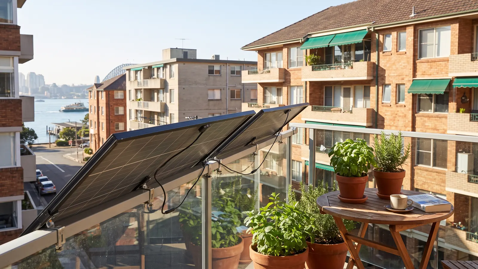 Two plug-in solar panels clipped to an apartment balcony railing, with potted herbs and apartments behind