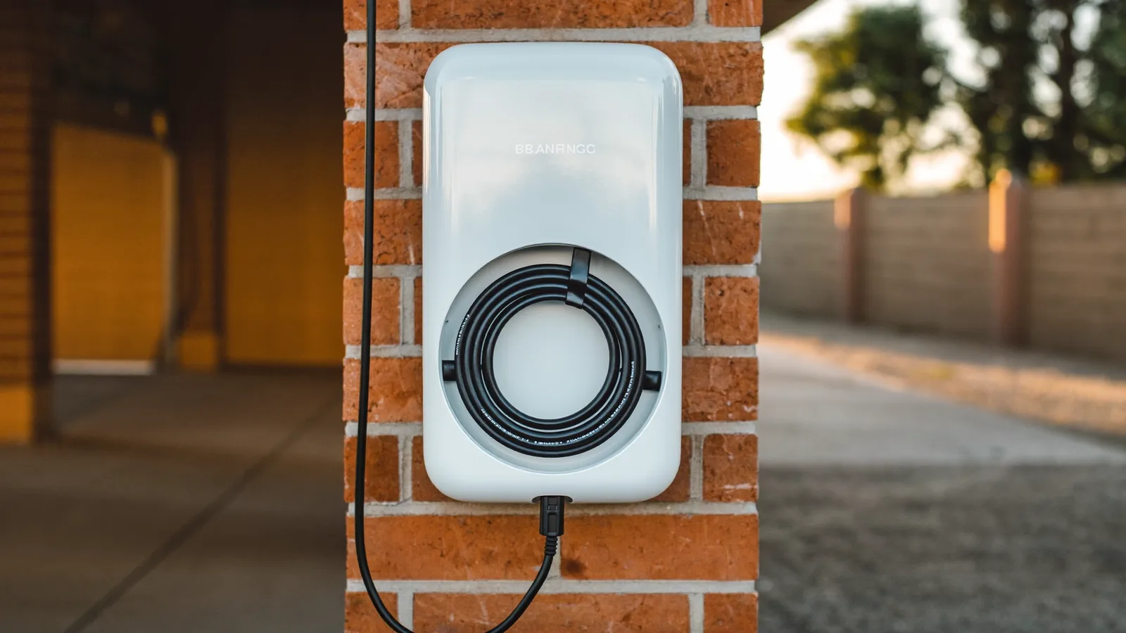 White EV wall charger with coiled cable on a garage wall