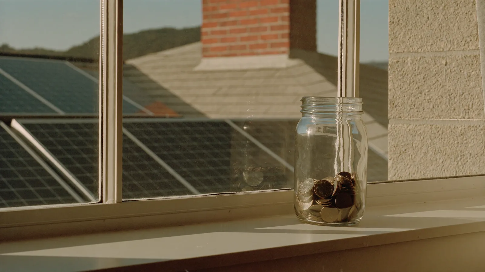 Jar of coins on a sunny windowsill with solar panels visible outside