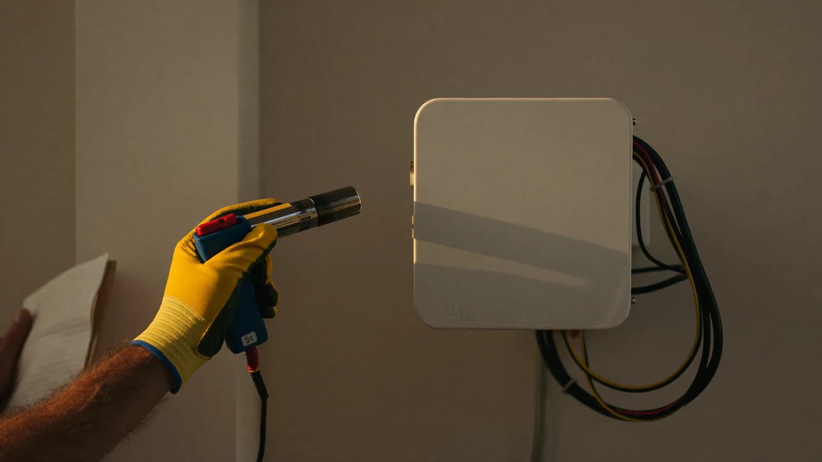 Inspector examining a home battery installation with a torch
