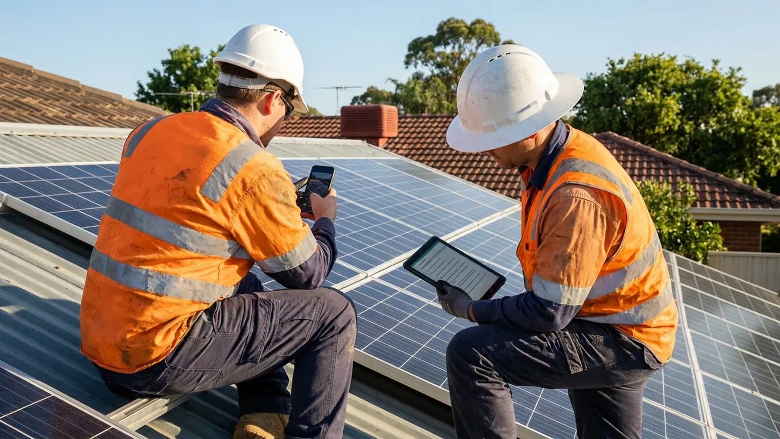 Two solar workers in hi-vis and hard hats photographing and inspecting a rooftop solar array on a suburban Australian home