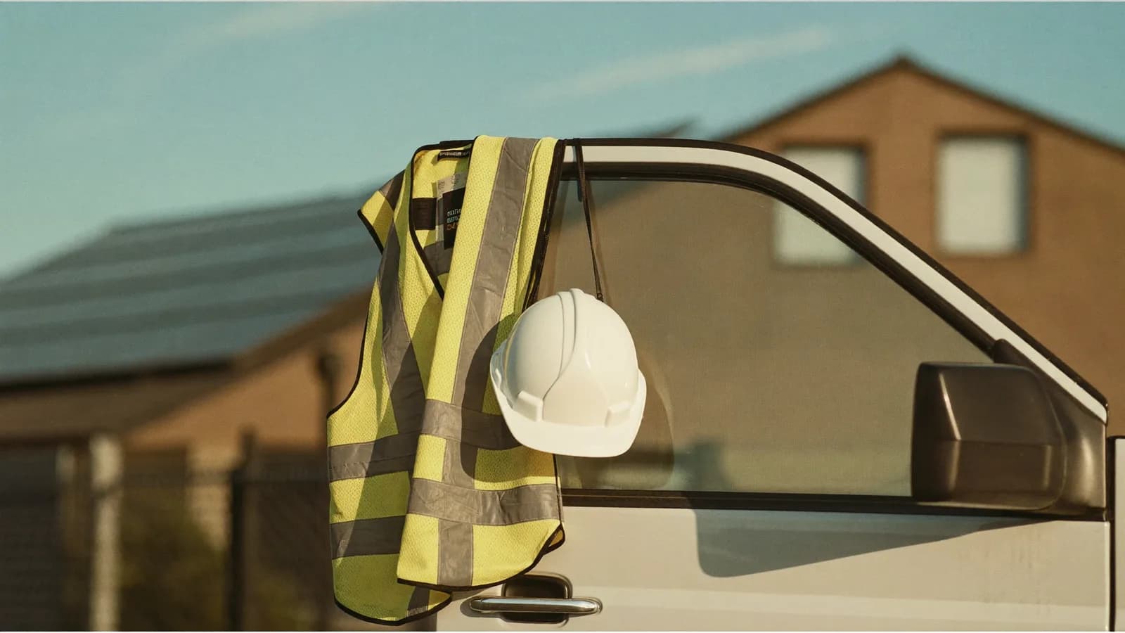 Hi-vis vest and hard hat on a ute door with a solar home behind