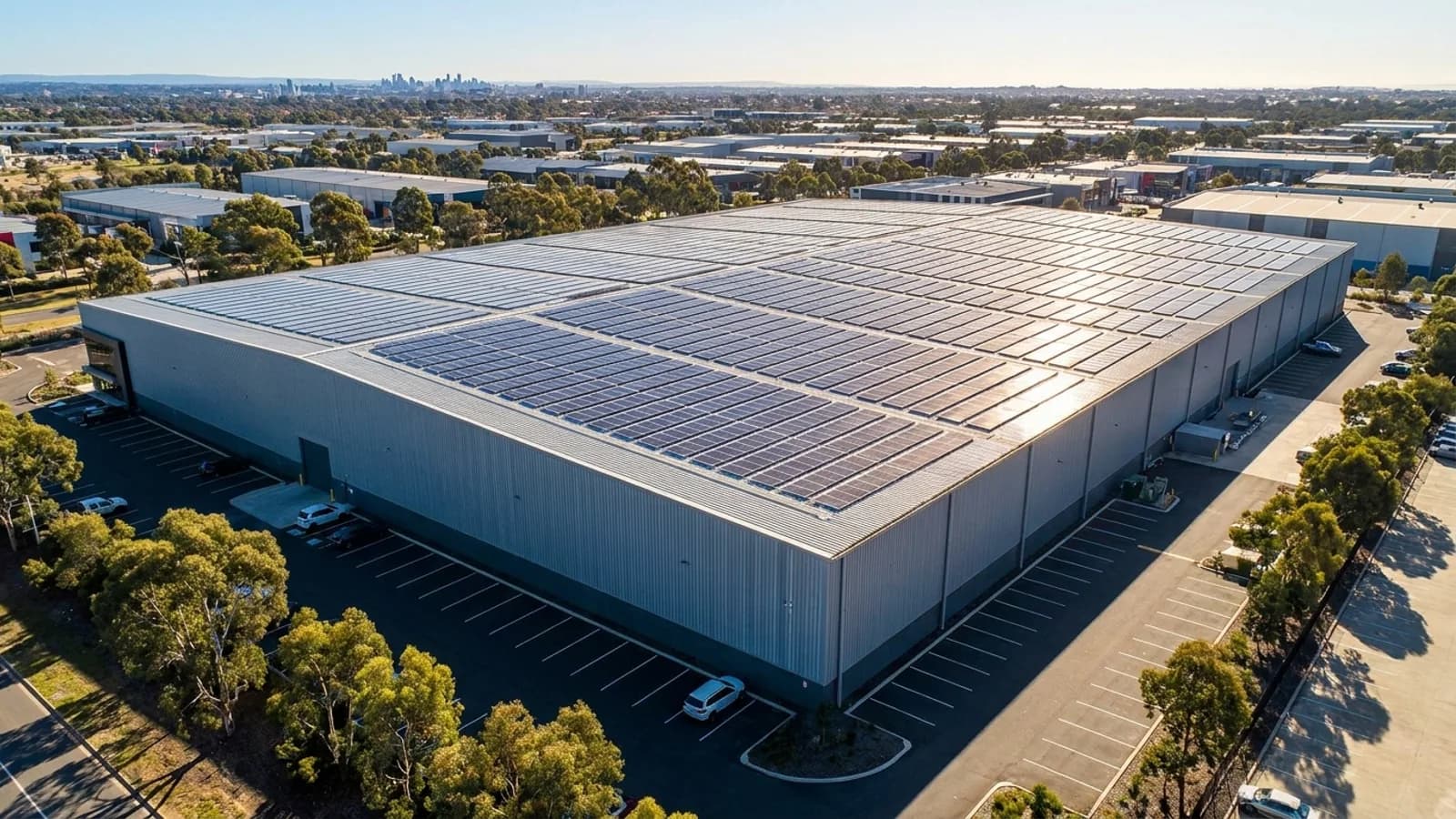 A large commercial warehouse roof covered edge to edge in solar panels under a clear Australian sky