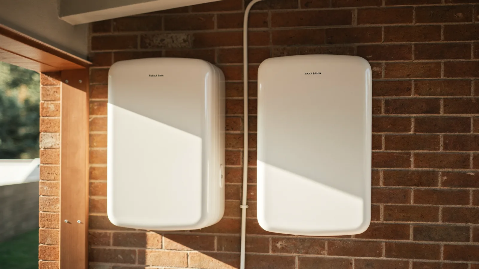 Two compact modular battery units mounted on a garage wall