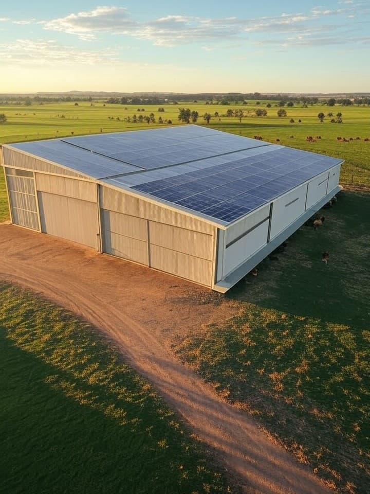 Solar panels on an Australian farm shed with rural landscape