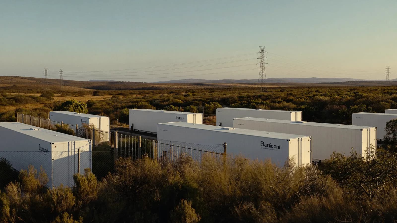 Rows of grid-scale battery units in a fenced compound at golden hour