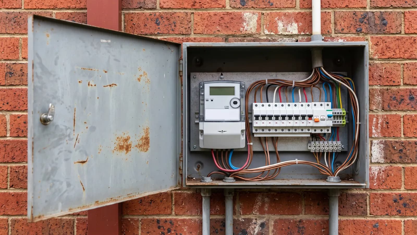 Open meter box on a brick wall showing a digital meter and a row of circuit breakers