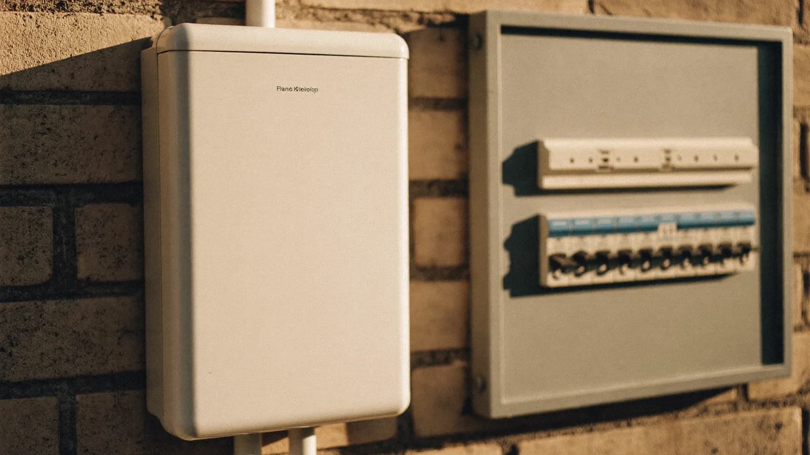 White home battery installed beside a meter board on a brick wall