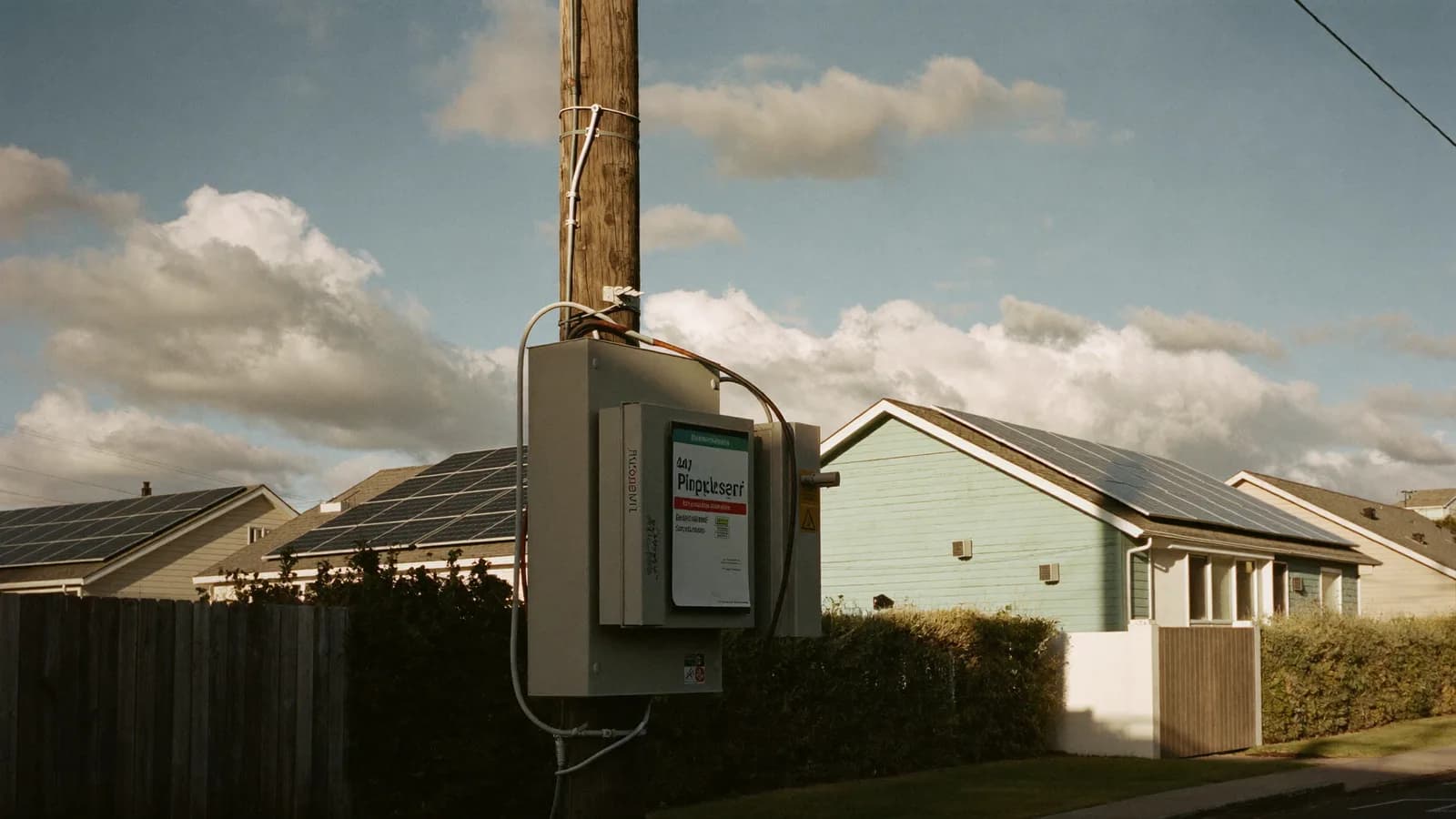 Pole-mounted transformer in a suburban street with solar roofs behind