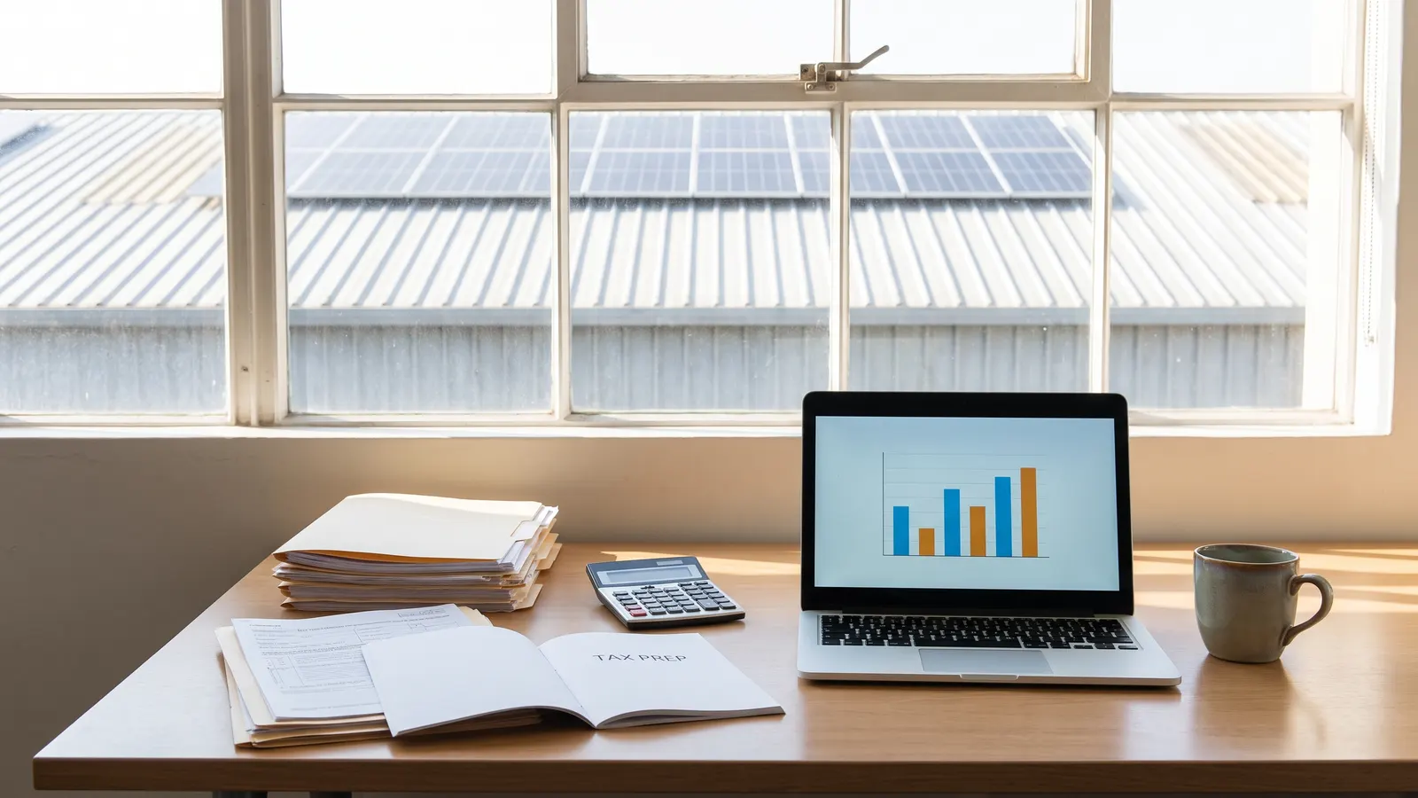 Tax paperwork, a calculator and a laptop on a business desk, with solar panels on the workshop roof outside