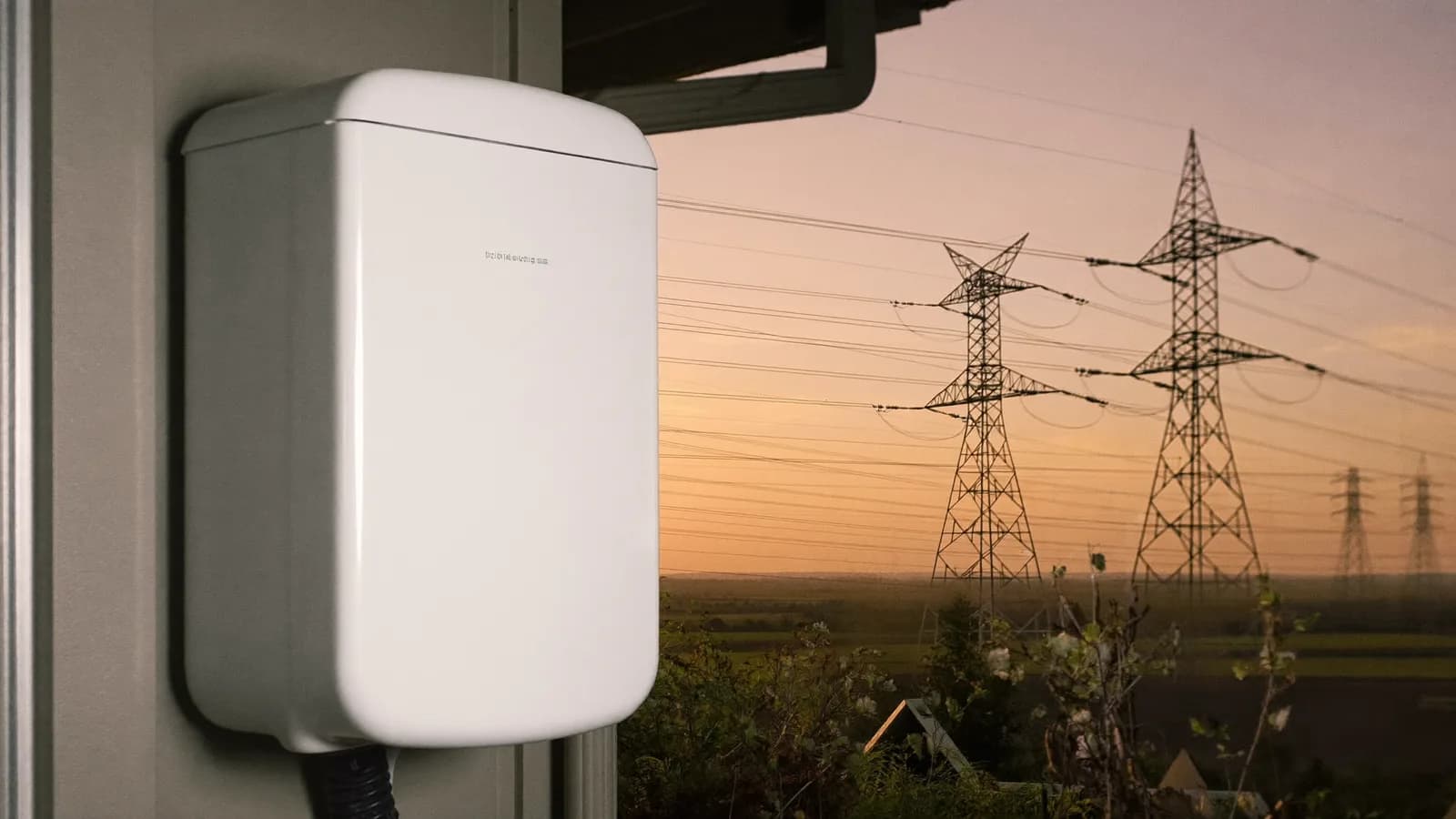 Home battery in focus with transmission towers on the sunset horizon