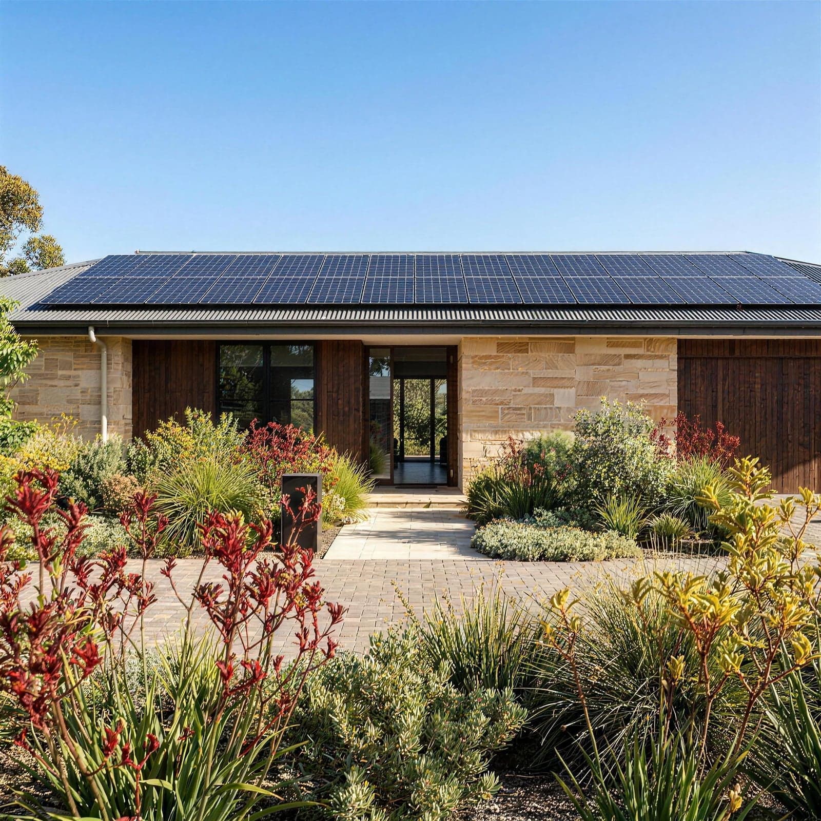 Modern Australian home with rooftop solar panels on a sunny day