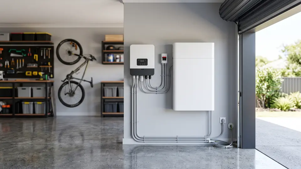 A white home battery and its inverter mounted on a garage wall