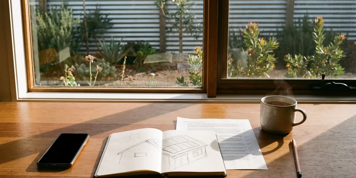 A phone, a notebook with a sketch of a house with solar panels, a printed page and a mug on a desk by a window