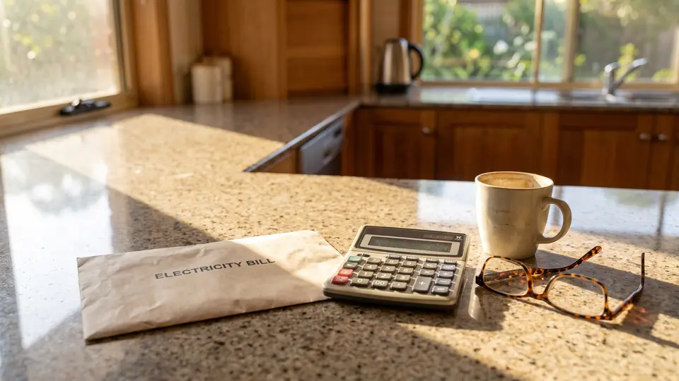 Power bill envelope, calculator and a cup of coffee on a kitchen bench
