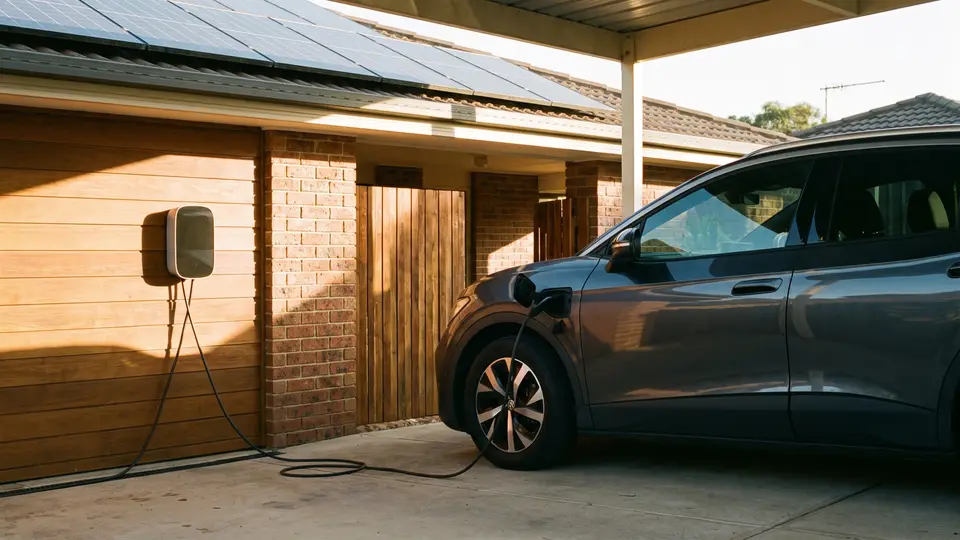 Grey electric SUV plugged into a wall-mounted charger in a carport, with solar panels on the roof above