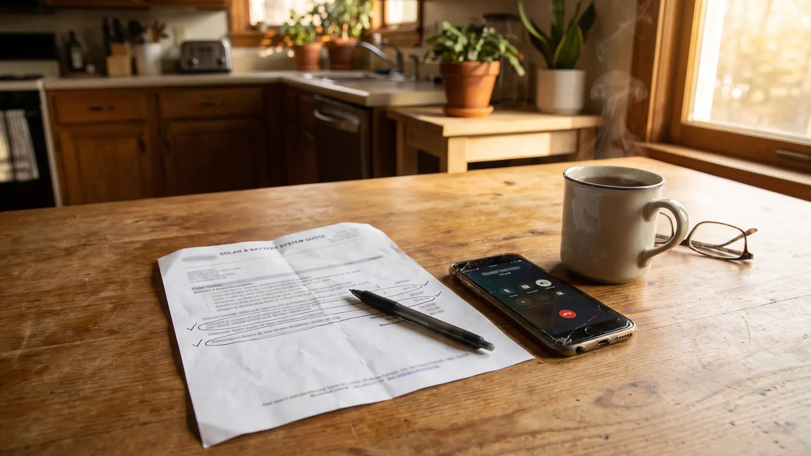 A printed solar and battery quote with a pen and a phone on a kitchen table