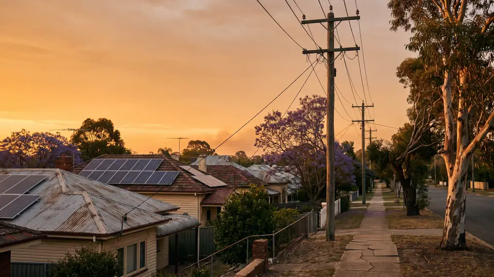 Suburban street with power poles and overhead lines at sunset