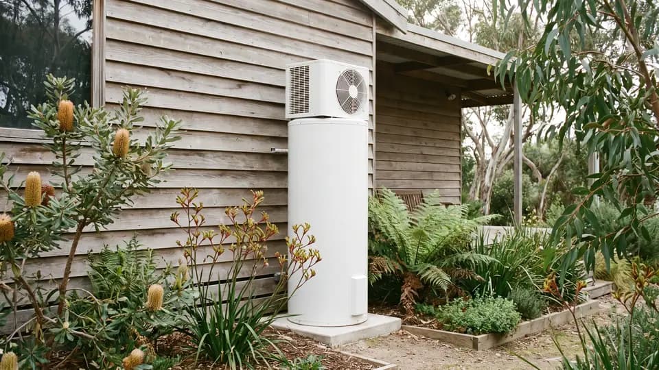 Integrated heat pump hot water unit on a concrete pad beside a weatherboard house, with native plants around it