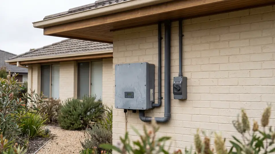 Inverter and meter box mounted on a rendered brick wall
