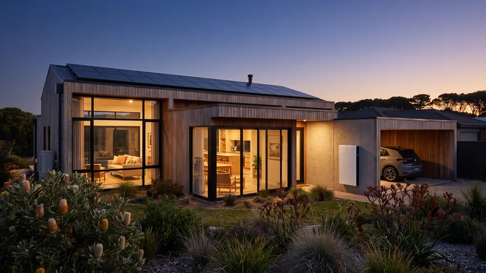 A home with rooftop solar and a wall-mounted battery, lit at dusk